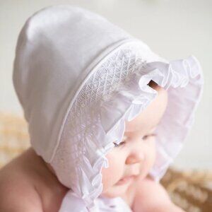 Smockingbird Smocked White Baby Bonnet (3M)